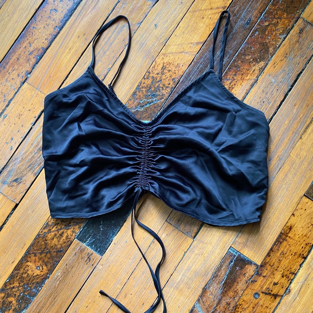 Black silk ruched crop top